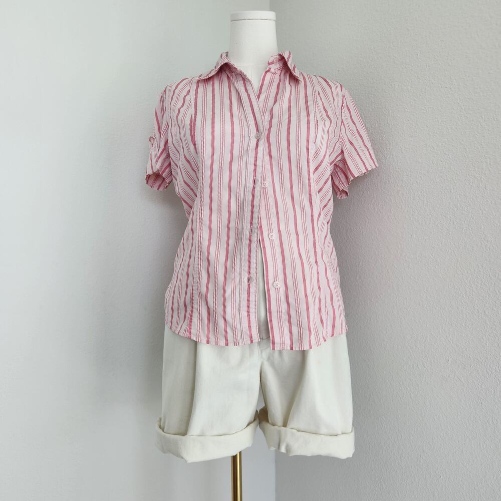 Vintage Y2K Pink White Striped Collared Button Down Short Sleeve Shirt M L